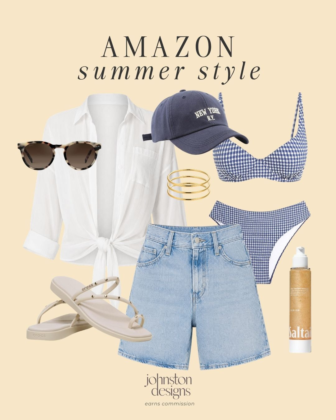 Easy amazon summer style with coastal blues and everyday basics 🧢 A
gingham bikini, denim shorts, white button down, comfy sandals, and warm-weather accessories for beach days or vacation packing.

Amazon summer style, coastal outfit, gingham bikini, denim shorts, white button down, beach sandals, baseball hat, tortoise sunglasses, gold bracelets, vacation outfit, pool day look, swim coverup, summer basics, beach bag essentials, casual resort style 

 #LTKootd #LTKSwim