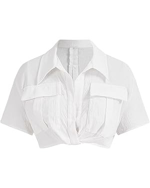 Verdusa Women's Short Sleeve Collar Neck Flap Pocket Twist Front Crop Top Shirts | Amazon (US)