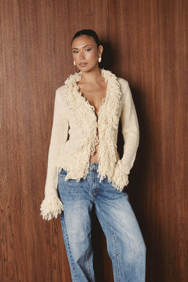 ALESSIA Cream Fringe Knit Cardigan | Noughts and Kisses