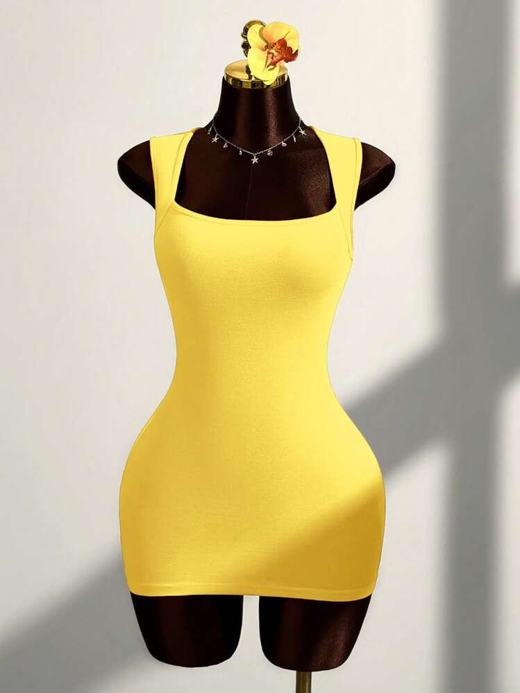 Amplova Wide Strap Square Neckline Bodycon Mini Dress Yellow Bodycon Dress Yellow Dress Bodycon Dress Summer Dress | SHEIN