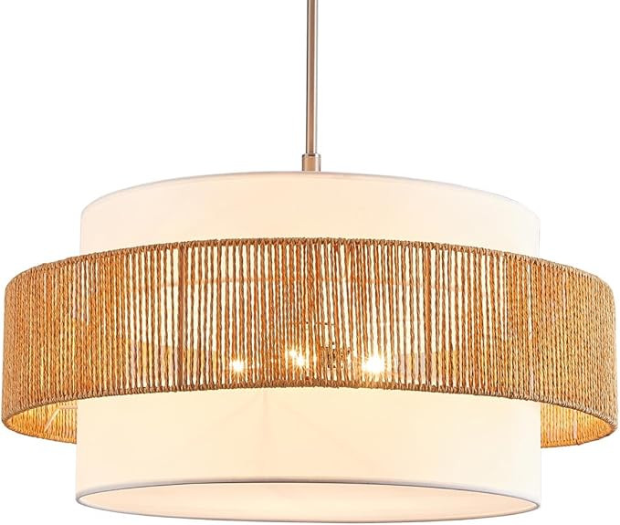 24'' Rattan Large Drum Chandeliers Light Fixtures,5 Light Boho Pendant Light Farmhouse Rustic Han... | Amazon (US)