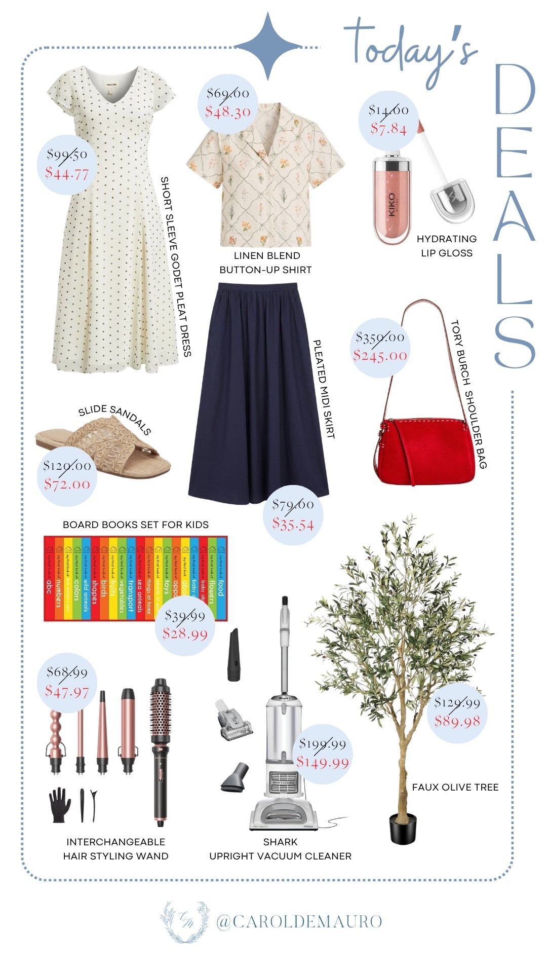 Today's deal finds include essentials like the short-sleeve godet pleat dress, pleated midi skirt, and Tory Burch shoulder bag. You can also snag great deals on the Shark upright vacuum cleaner, Kiko hydrating lip gloss, and a faux olive tree to refresh your space.

on sale now, modest look, trendy makeup, hairstyling tool, fashion accessories, cleaning appliances, home decor, books for kids

#LTKootd #LTKHome #LTKSaleAlert
