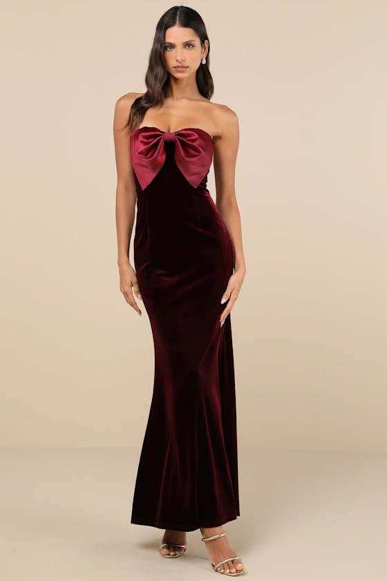 Dramatic Stunner Burgundy Velvet Bow Strapless Maxi Dress | Lulus