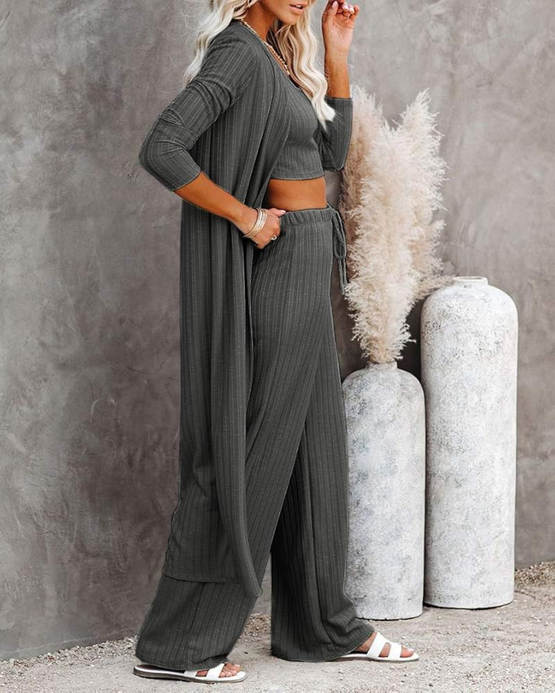 Womens Pajamas Set Fall Winter 3 Piece Loungewear Set Crop Vest Top Loose Pants and Cardigan Knit... | Amazon (US)