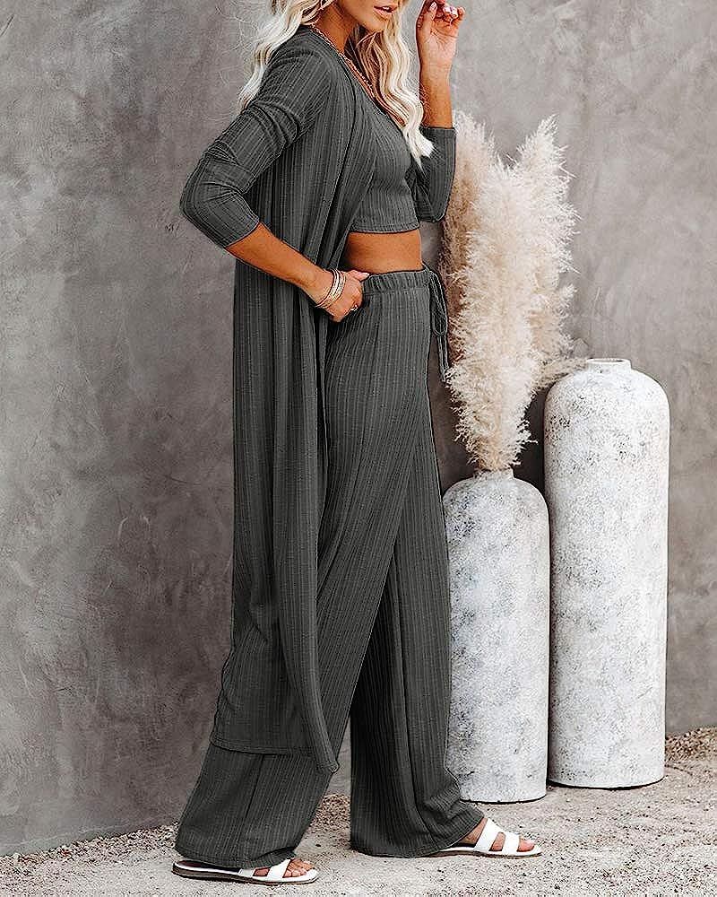Womens Pajamas Set Fall Winter 3 Piece Loungewear Set Crop Vest Top Loose Pants and Cardigan Knit... | Amazon (US)