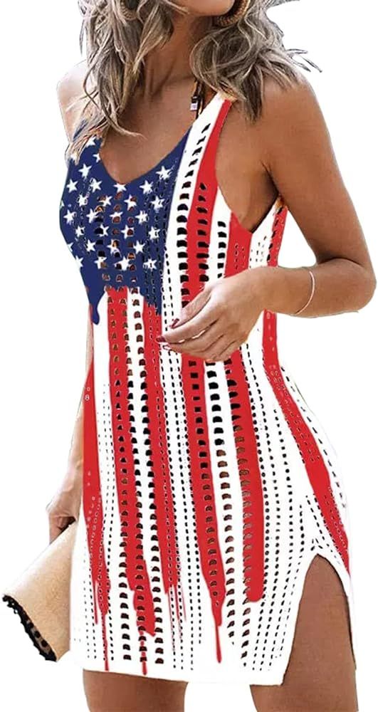 GOWONE Women Hollow Out Slit Crochet Cover Up Sleeveless 4th of July Patriotic Swimwear Beach Dre... | Amazon (US)