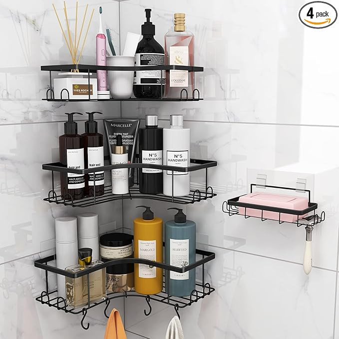 4 Pack Shower Caddy Corner Set with Hooks and Soap Holder, Stainless Steel Shower Shelf for Bathr... | Amazon (US)