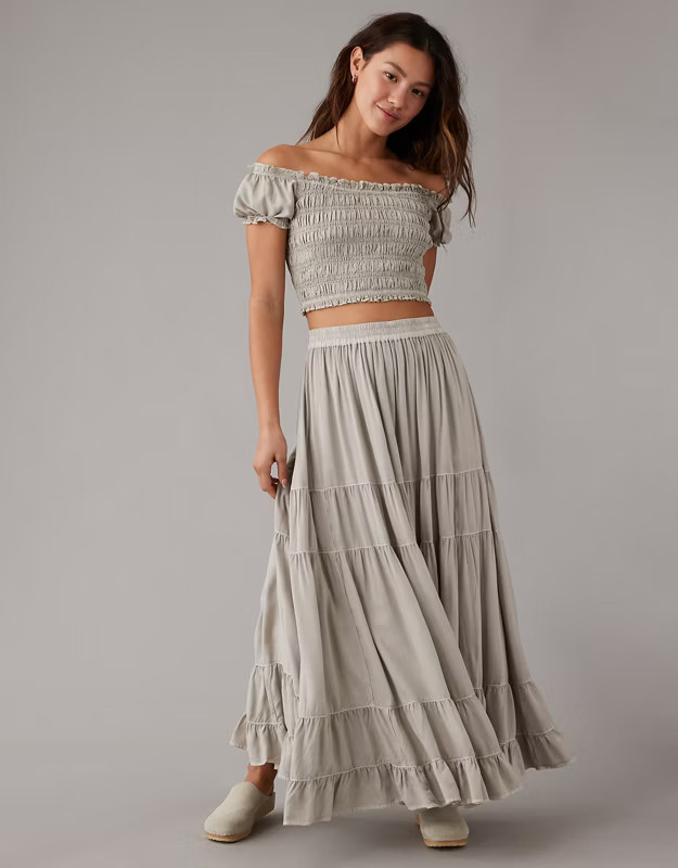 AE High-Waisted Tiered Maxi Skirt | American Eagle Outfitters (US & CA)