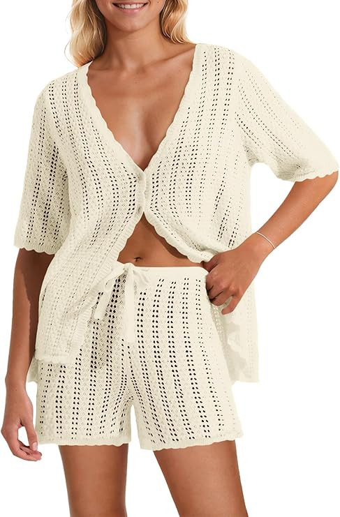 Saodimallsu Womens Crochet 2 Piece Swimsuit Cover Up Short Sleeve Knit Tops Shorts Sets Summer Be... | Amazon (US)