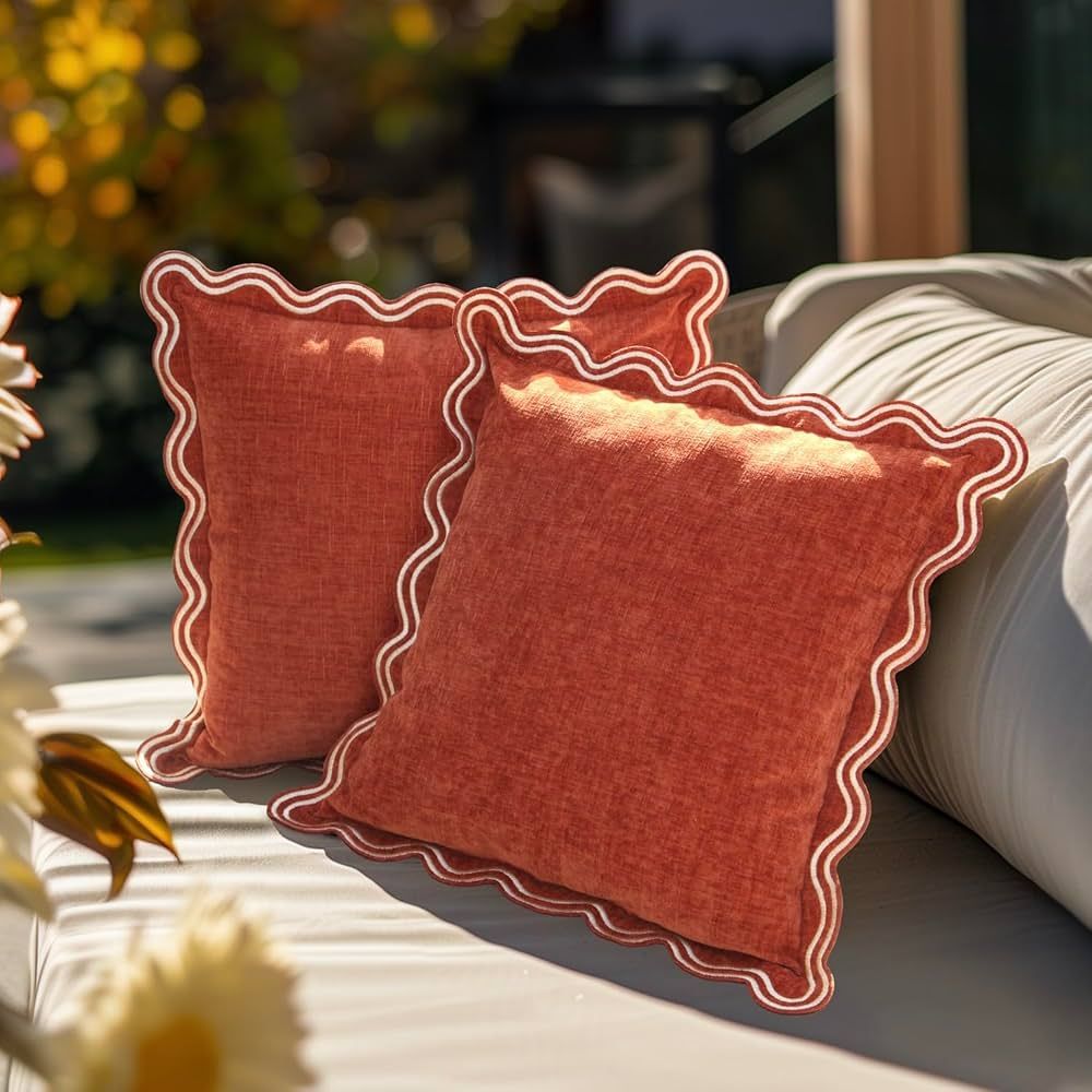 Decorative Rust Throw Pillow Covers with Scalloped Edging - Set of 2, Embroidered Wavy Design, Pr... | Amazon (US)