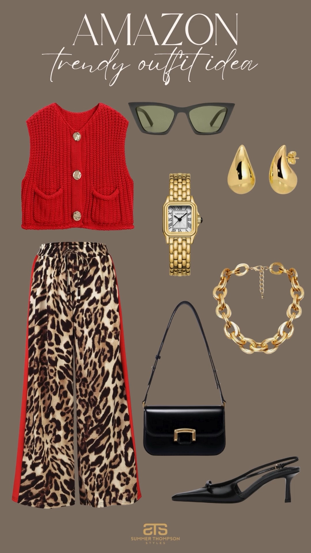 Love this Amazon look! How cute are these leopard pants?! 

Affordable style. Trending. Look for Less. Sweater vest. Leopard. Sling back heels. Gold accessories. Jewelry. Watch. Earrings. Sunglasses  

#LTKFindsUnder100 #LTKSeasonal #LTKStyleTip

#LTKStyleTip #LTKSeasonal #LTKFindsUnder100