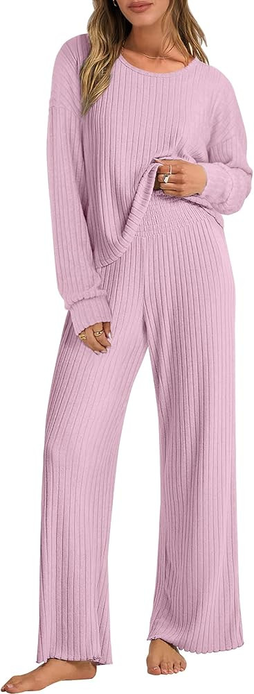 ANRABESS Women 2 Piece Lounge Pajamas Sets Casual Ribbed Knit Long Sleeve Top Pants Matching Set ... | Amazon (US)