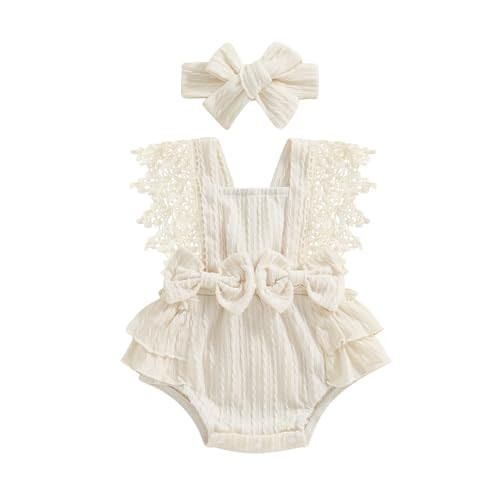 Yoawdats Baby Girl Lace Romper Sleeveless Ruffle Bow Decorated Romper Jumpsuit Bodysuit with Headband Newborn Baby Clothes (Apricot 2, 6-12 Months) | Amazon (US)