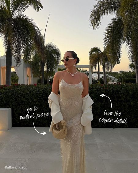 Sequin dress, neutral style, neutral outfit, pearl jewelry, neutral blazer, Celine sunglasses 

#LTKSeasonal #LTKstyletip #LTKitbag
