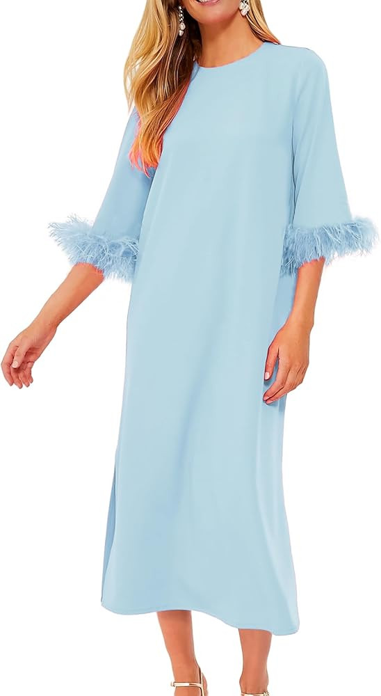 Womens 2024 Crewneck 3/4 Sleeves Dress Leather Cuffs Maxi Length Dress with Slit | Amazon (US)