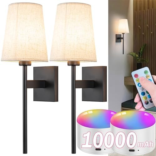 Battery Operated Wall Sconce Set Of Two, Wireless Wall Sconce Lighting with Remote Control, Indoo... | Amazon (US)