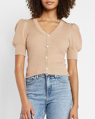 Short Puff Sleeve Faux Button Sweater | Express