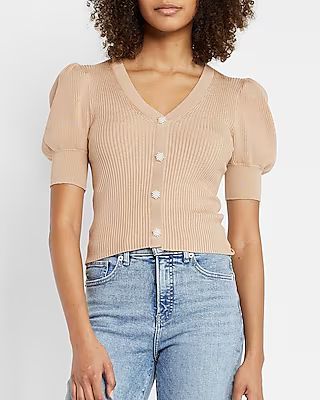 Short Puff Sleeve Faux Button Sweater | Express