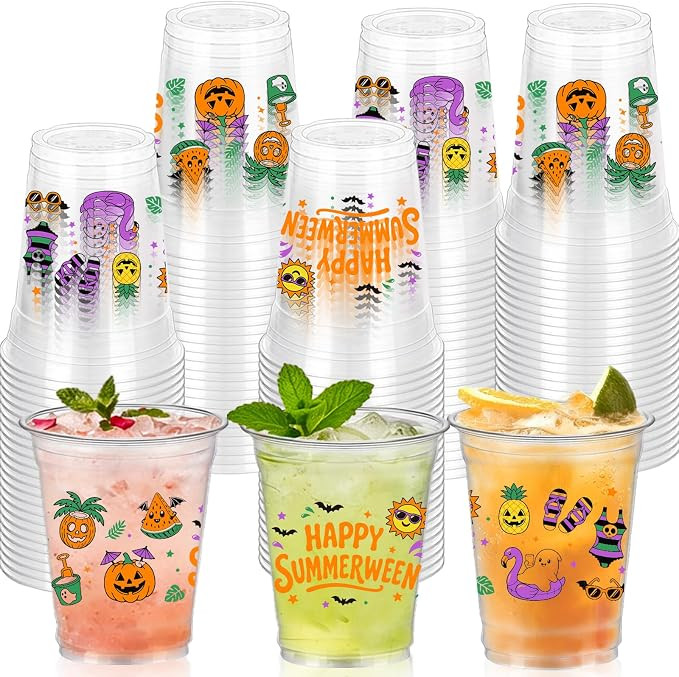 50 Pcs 12 Oz Summer Disposable Cup with Lids and Straws Halloween In Summer Plastic Party Cup Cle... | Amazon (US)