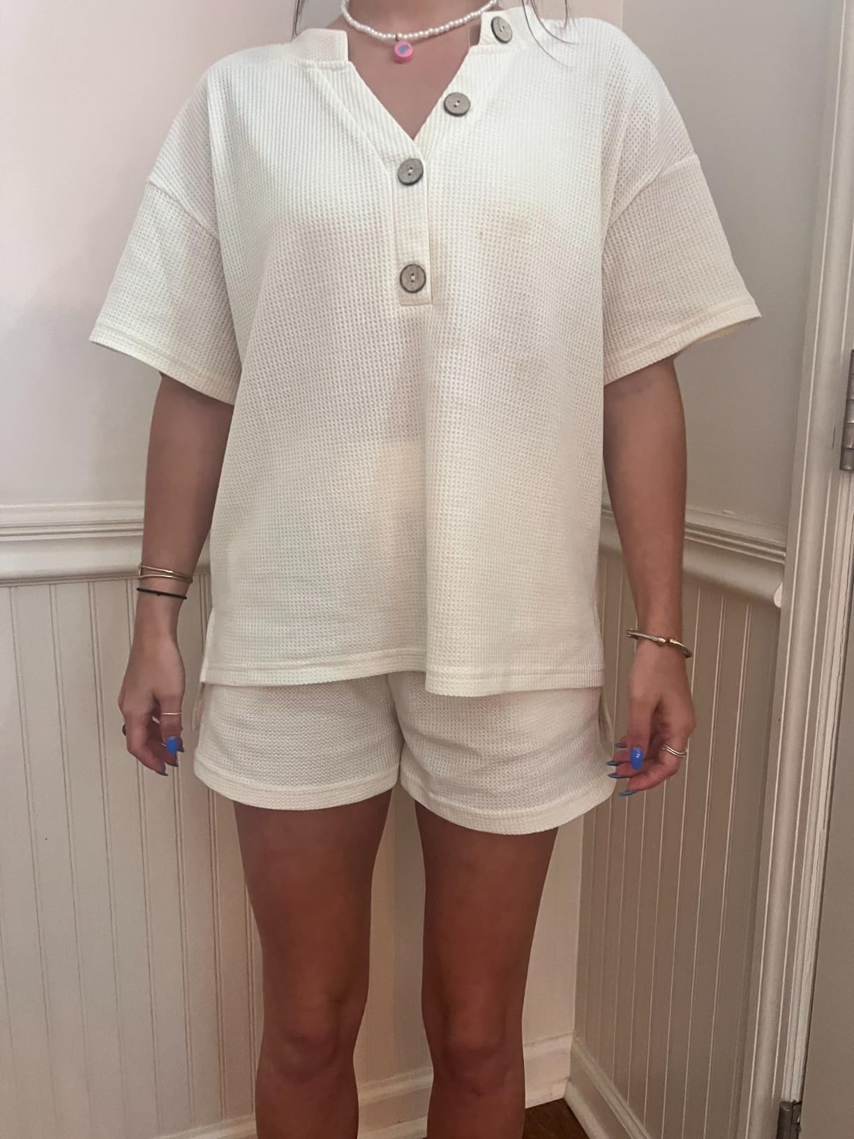 SAPJON Womens Pajama Sets 2 Piece Waffle Matching Lounge Sets V Neck Short Sleeve and Shorts Sets... | Amazon (US)