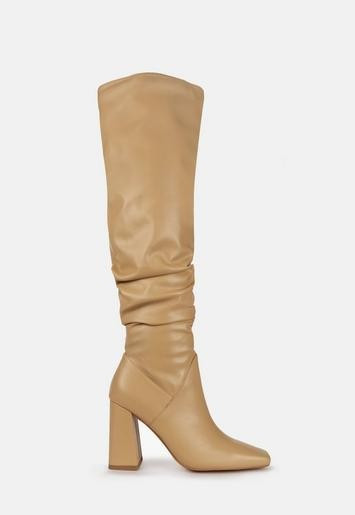 Sand Faux Leather Ruched Block Heel Boots | Missguided (US & CA)
