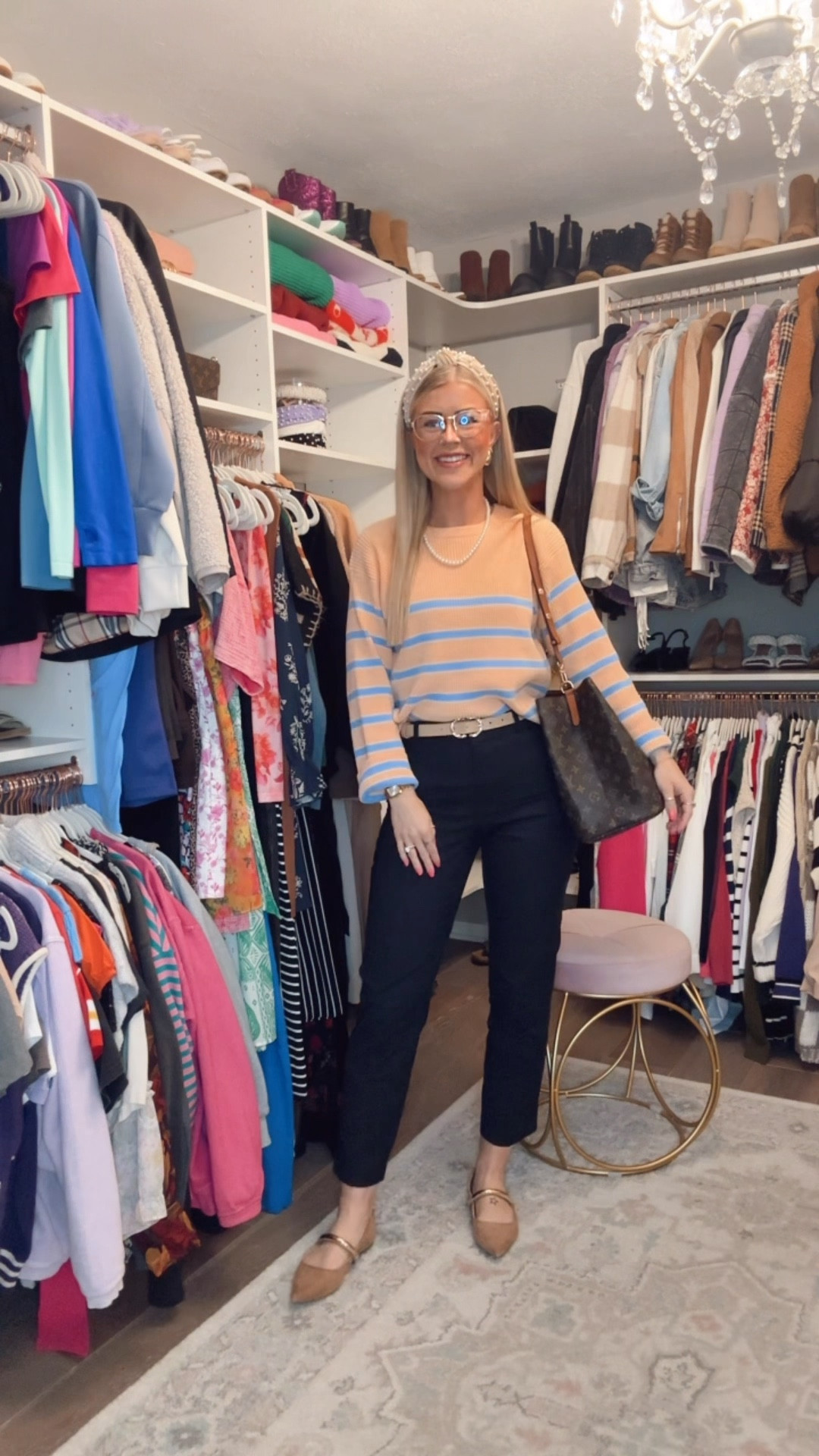 Early spring work outfit // Nude pearl headband // Rayban women’s glasses // Chunky gold designer inspired earrings // Pearl necklace // Women’s work slacks // Target nude pointed toe flats // Affordable fashion // VICI striped peach and blue sweater // Spring sweater // Corporate looks // Office chic style // Women workwear 

VICI discount code is CAITLINNOBERT30 

#LTKSpringSale #LTKWorkwear #LTKootd