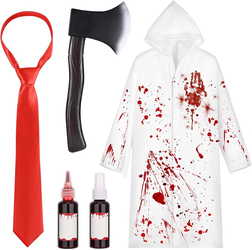 5 Pcs Halloween Psycho Killer Costume Include Raincoat, Tie,Plastic Fake Axe,Faux Blood and Busin... | Amazon (US)