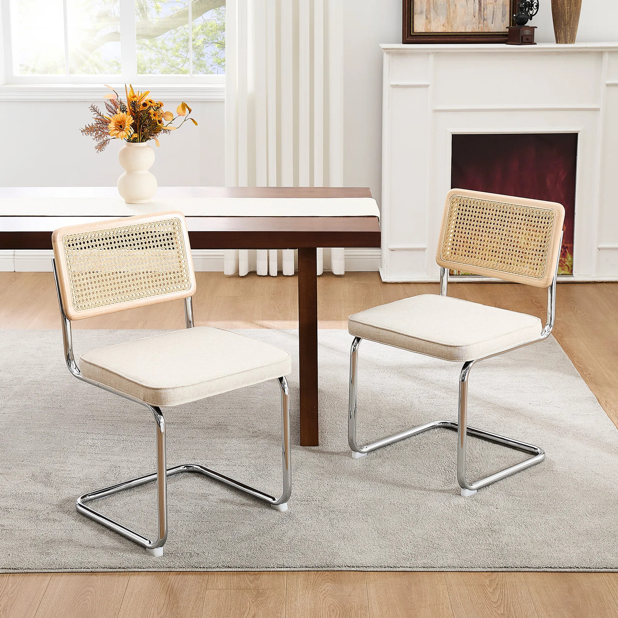 Crumley 18.8" H Upholstered Side Chair with Cane Rattan Back and Steel Frame (Set of 2) | Wayfair North America