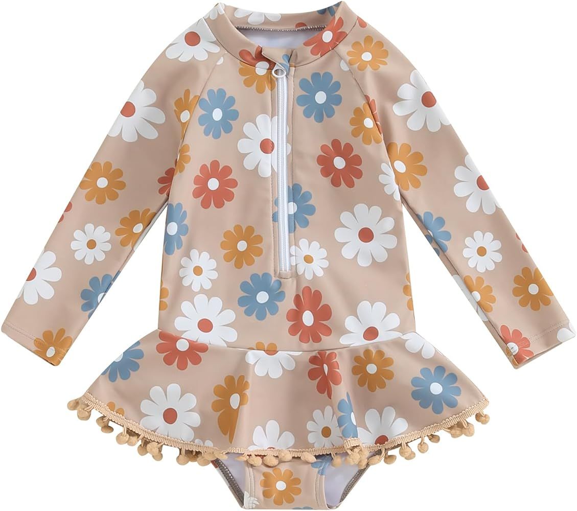 Amazon.com: Yccutest Toddler Floral Bathing Suit Girls Long Sleeve Zipper Ruffle Tassel One Piece... | Amazon (US)