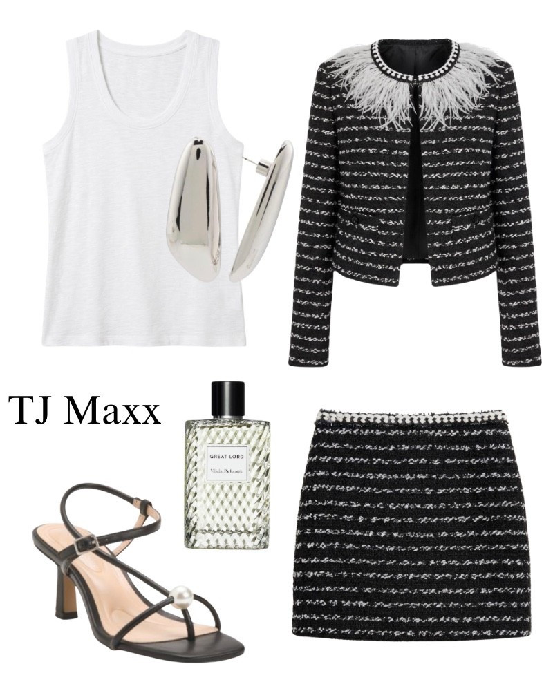 Black skirt, feather jacket, white tank top, heels, silver earrings, perfume, work, dressy.

#LTKootd #LTKSaleAlert #LTKWorkwear