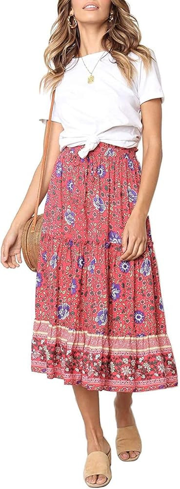 MEROKEETY Women's Boho Floral Print Elastic High Waist Pleated A Line Midi Skirt with Pockets | Amazon (US)