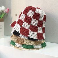 Vintage Fashion Crochet Checkered Bucket Hat, Straw Hat Berets, Handmade Sun Hats, Green Khaki Black | Etsy (US)