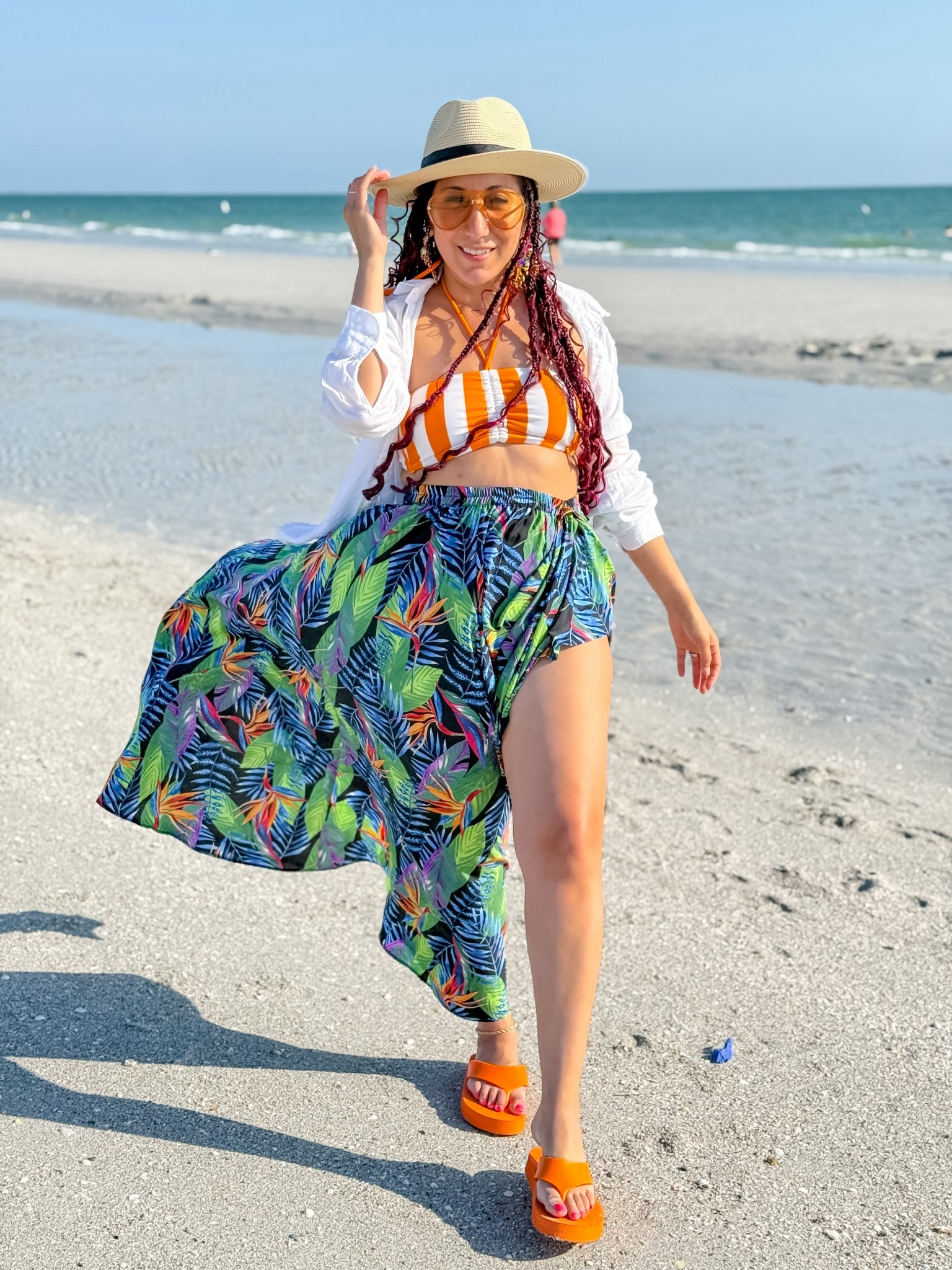 Beach outfit 
Printed maxi skirt
Striped swimsuit 
Linen shirt 

#LTKStyleTip #LTKOver40 #LTKMidsize