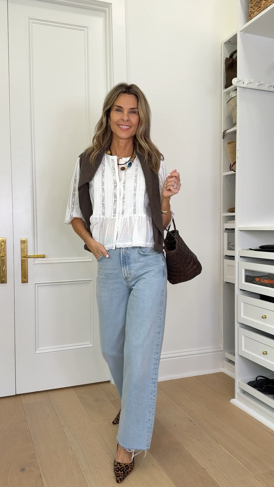 -Jeans are a new favorite! Very flattering fit! Wearing my true size, size down if in between 
-Cute peplum top, I linked look-for-less too. 
-Quince sweater
-Leopard heels 
-linking leopard flats on sale for under $50 
-woven bag-chunky Etsy necklaces 