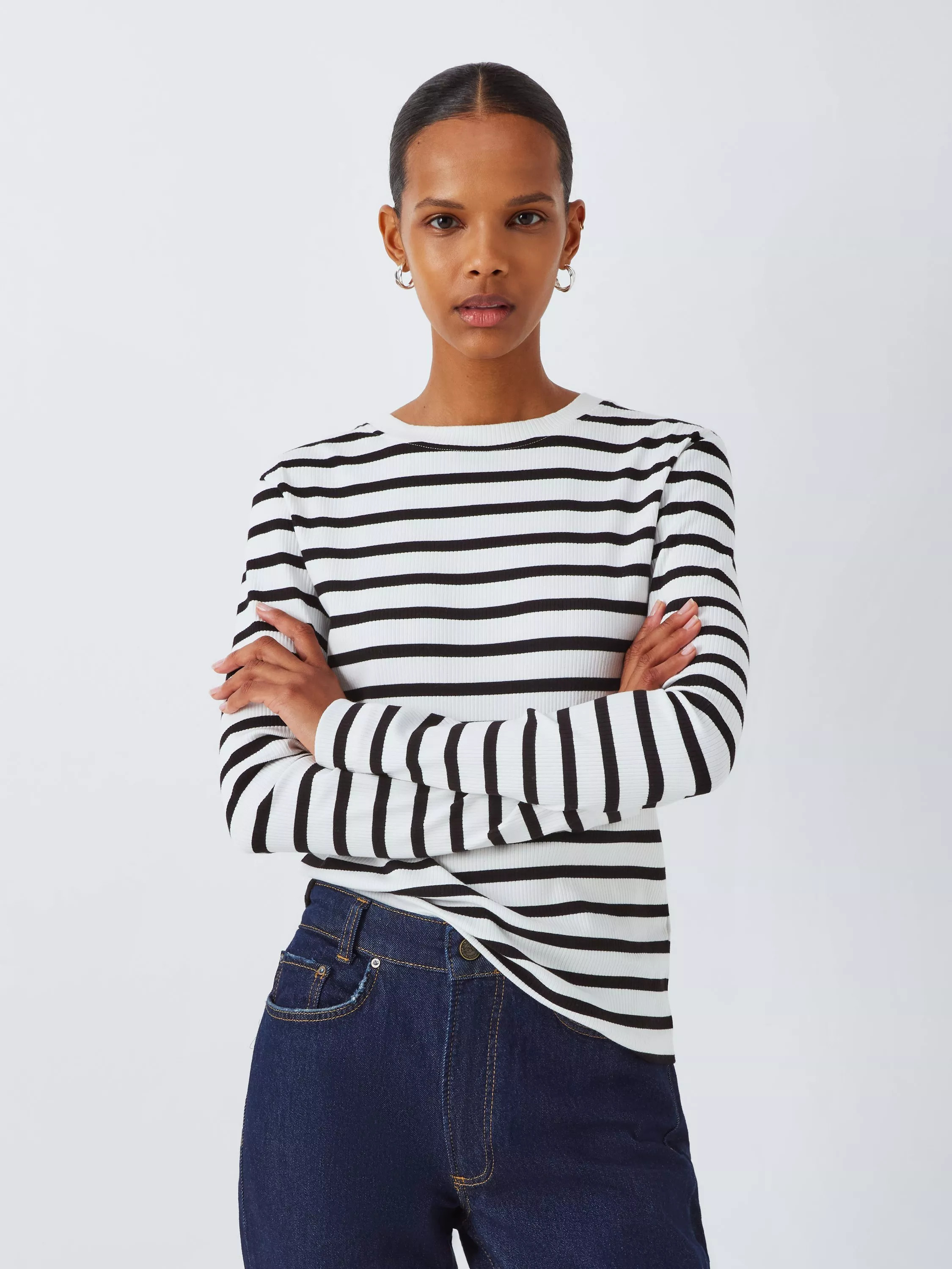 AND/OR Rib Stripe Long Sleeve Top, White/Black | John Lewis (UK)