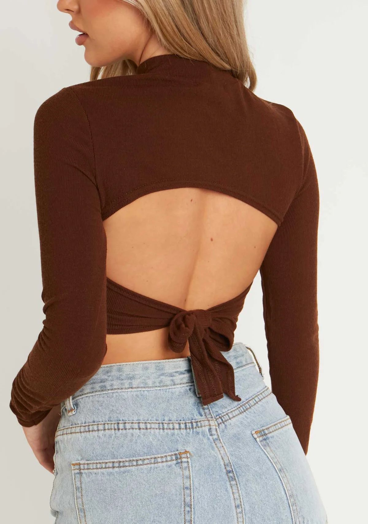 Calli Chocolate Ribbed High Neck Tie Back Long Sleeve Crop Top | Missy Empire | Missy Empire (UK)