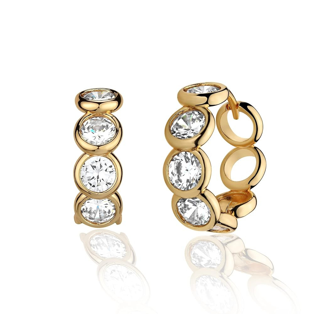 MTMY Huggie Hoop Earrings 14K Gold Plated Cubic Zirconia Dainty Simple Cute Beads Elegant CZ Circ... | Amazon (US)