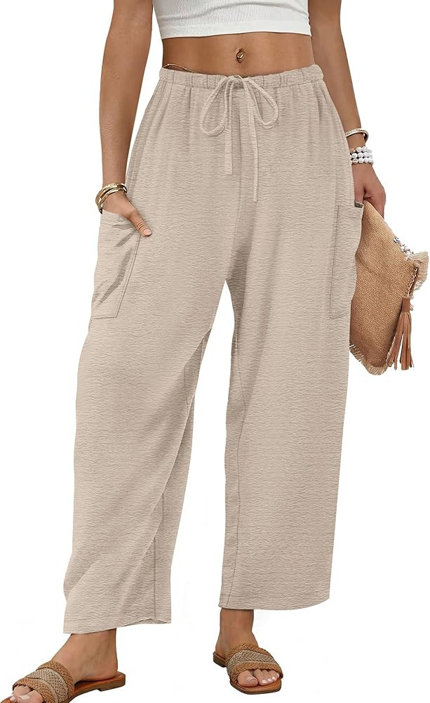 Sampeel Wide Leg Pants for Women Barrel Flowy Palazzo Elastic Waist Trousers with Pockets Summer ... | Amazon (US)