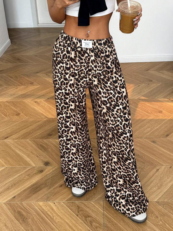 SHEIN EZwear Women Leopard Print Knitted Wide Leg Pants | SHEIN