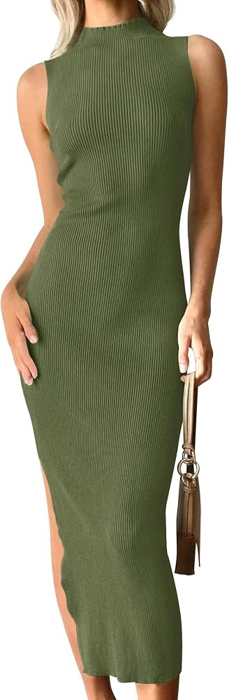 ZESICA Women's 2024 Summer Knitted Sweater Dress Sleeveless Mock Neck Ribbed Side Slit Bodycon Ta... | Amazon (US)