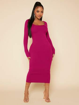 SHEIN SXY Solid Square Neck Bodycon Dress | SHEIN