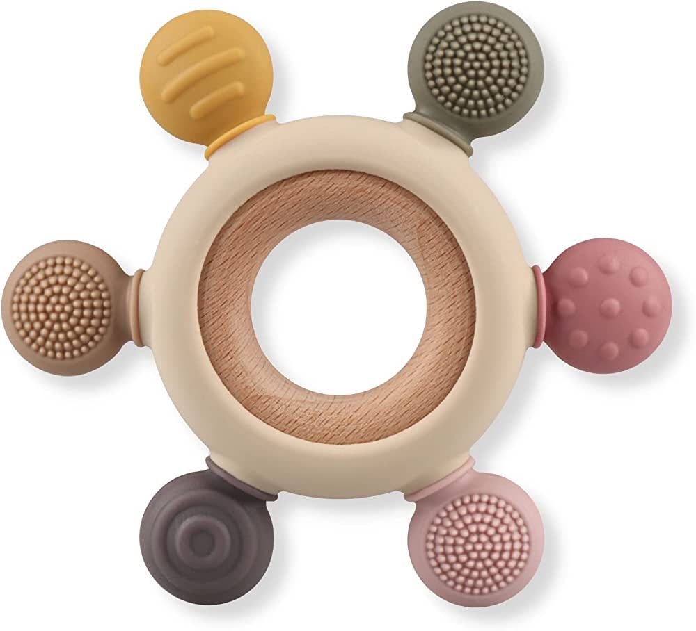 Baby Teething Toys, Silicone Chewable Rings with Organic Wooden, Natural Wooden Ring & Silicone T... | Amazon (US)