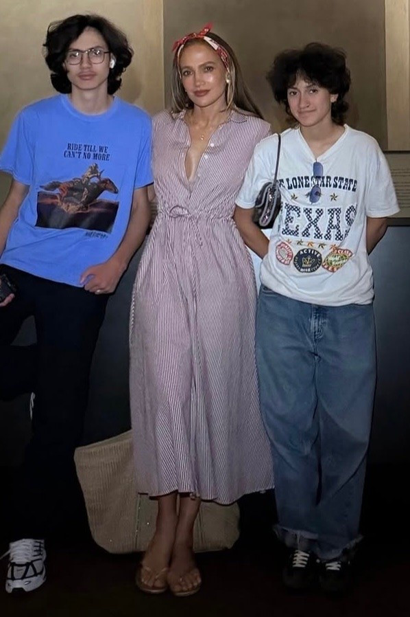 Jennifer Lopez wearing a shirt dress and striped cotton poplin