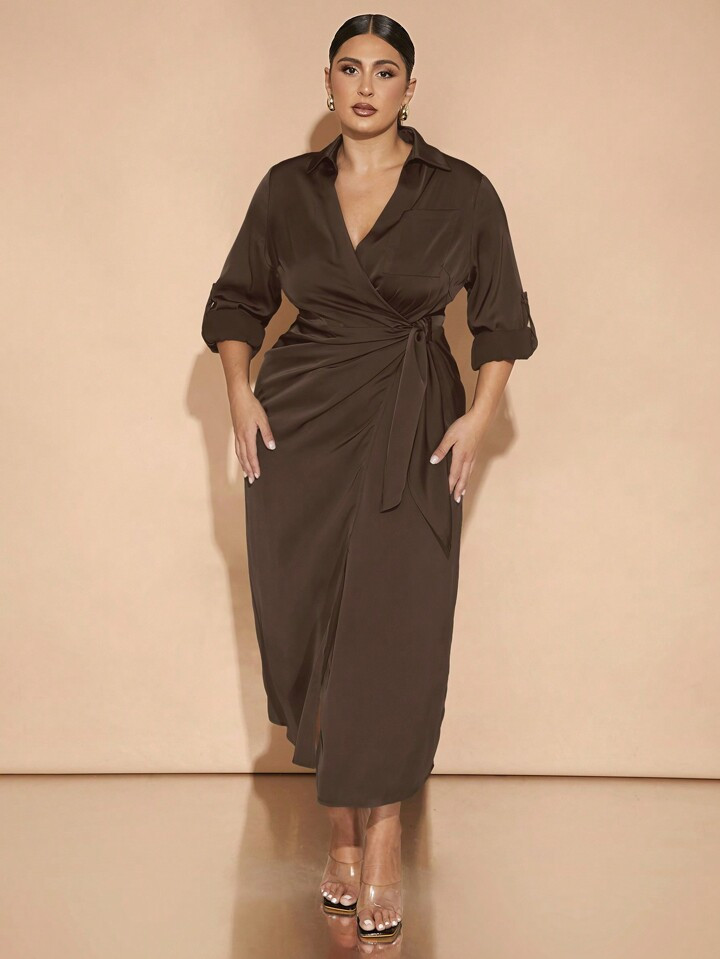 SHEIN BAE Plus Size Fall And Winter Elegant Daily Commuting Party Women Green Satin Overlap Wrap Drape Asymmetric Slit Bowknot Long Sleeves With Buttons Long Dress Party Wear Christmas Wear Commuting Wear New Year Eve Dress New Years Dress Christmas Women Dress Christmas Women Clothes Christmas Dress Christmas Party Dress Thanksgiving Women Outfit Elegant Dress Holiday Dress Christmas Outfits | SHEIN