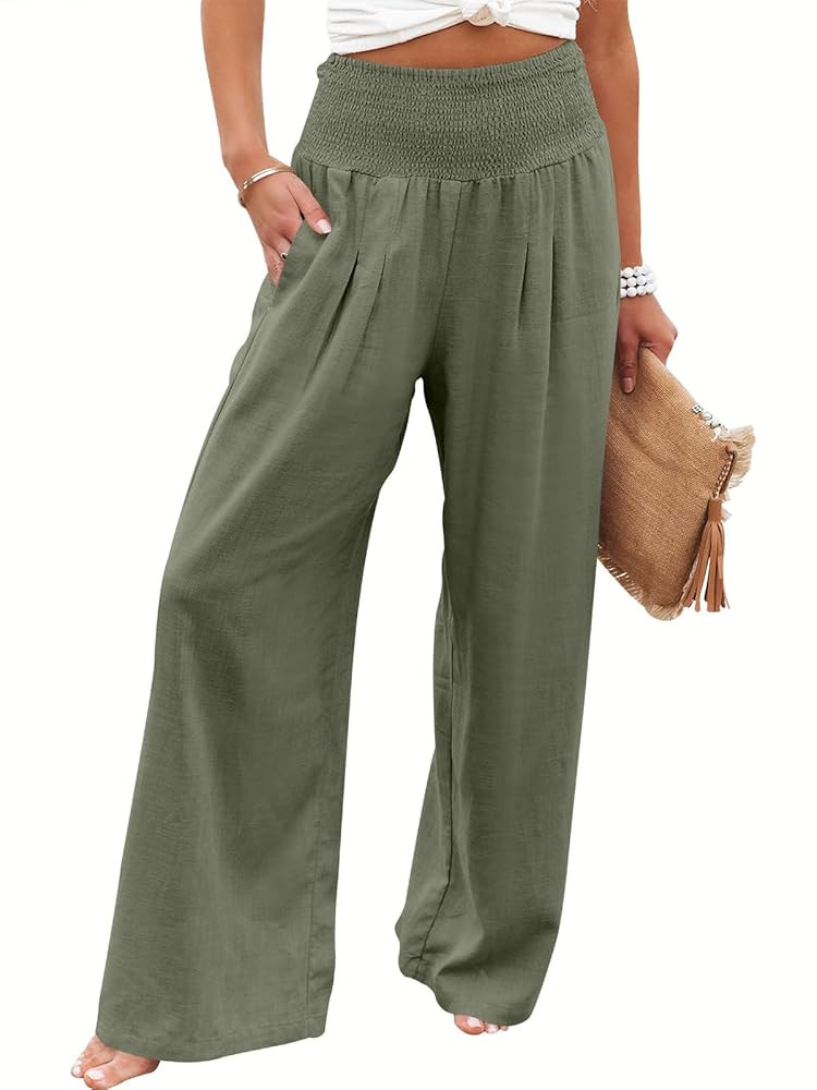 ANRABESS Women Linen Palazzo Pants Summer Boho Wide Leg High Waist Casual Lounge Pant 2025 Beach ... | Amazon (US)