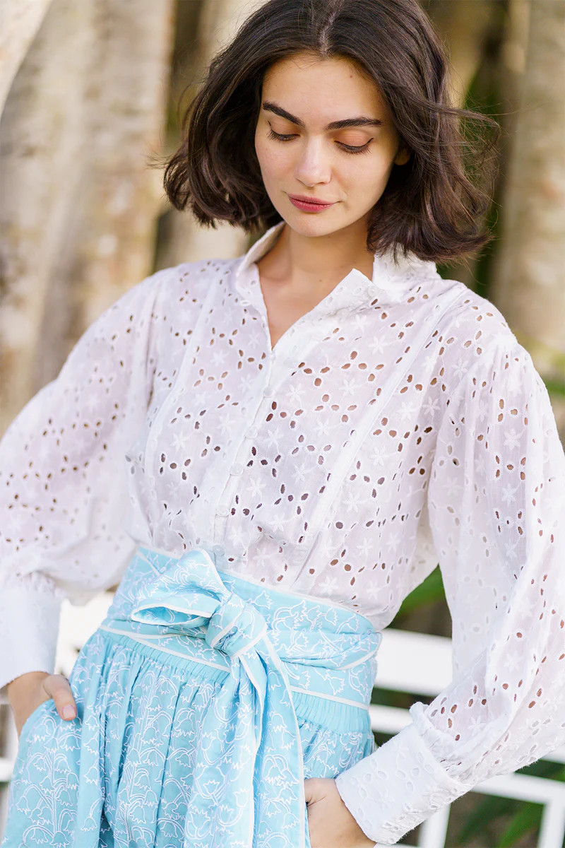 Boxy Balloon Sleeve Top | Floral Eyelet Trellis | SUE SARTOR