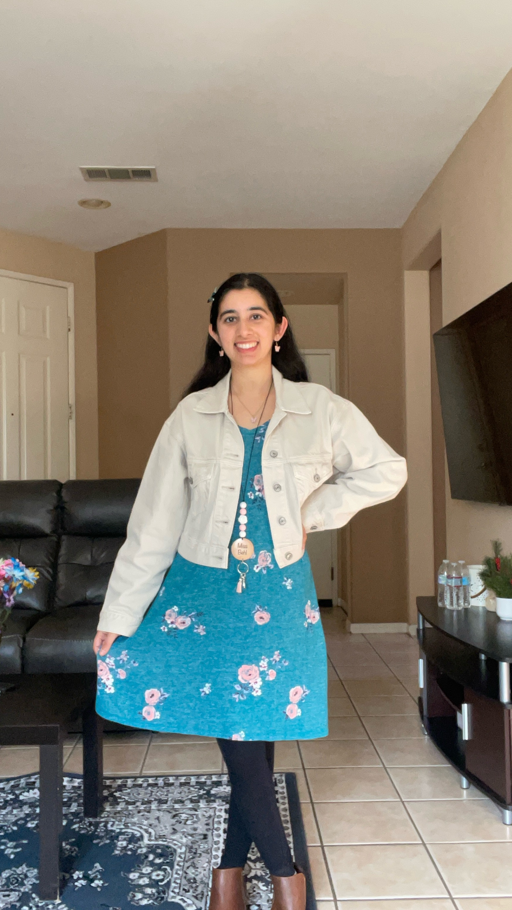 The dress is years old so I linked a few similar ones. White denim jacket was a clearance item from Abercrombie so I will also link similar options! 🫶🏼

How cute is this fit?? I feel like the butterfly accessories tie it so well! Literally the perfect outfit if you’re an elementary school teacher teaching primary grades a science lesson on insects or butterflies! 🦋☺️