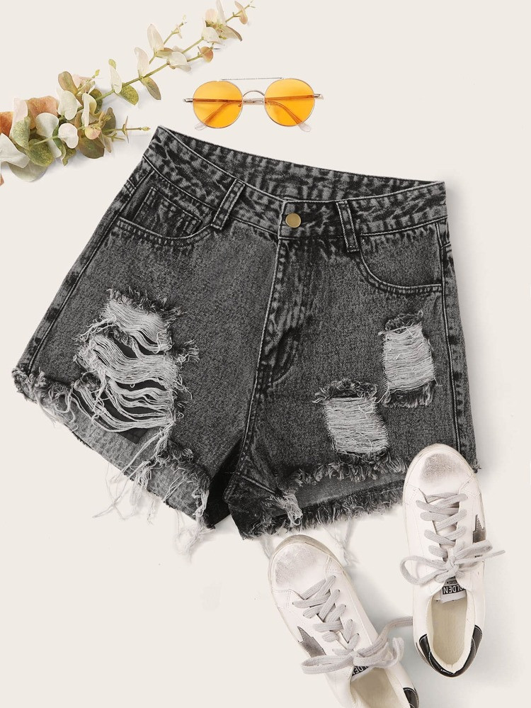 Raw Hem Ripped Denim Shorts | SHEIN