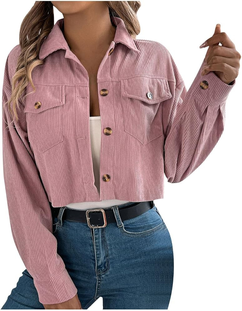Womens Cropped Jackets Shackets Corduroy Button Shacket Jacket Lightweight Fall Long Sleeve Outer... | Amazon (US)