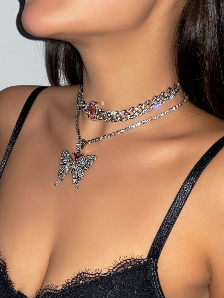 2pcs Rhinestone Butterfly Charm Necklace | SHEIN